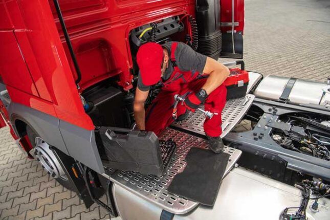 A semi-truck from a fleet is receiving maintenance work from a service station.