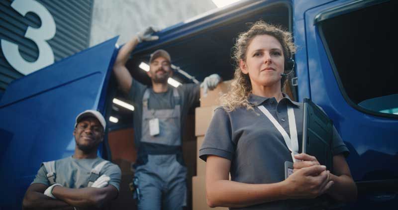 A team of fleet drivers gather outside a delivery van before the work day.
